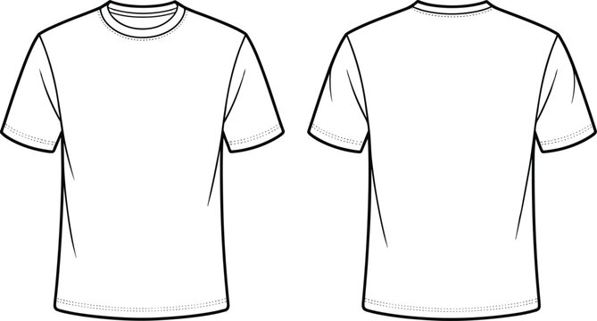 Vector, technical, sketch, of, a, blank, crew, neck, t-shirt, front, and, back, view, for, apparel, manufacturing, and, fashion, design, template