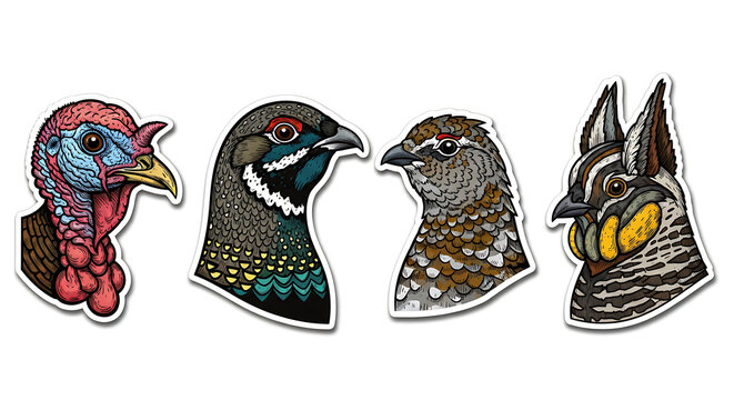 Vibrant and Detailed Illustration of Four Distinct Game Bird Heads