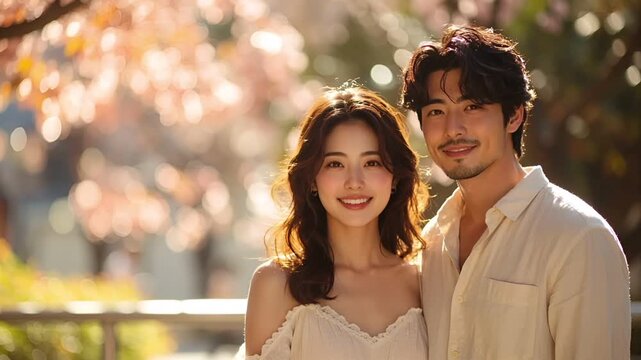 リネンとコットンの男女モデル柔らかい笑顔ボケ光背景高キーライティング