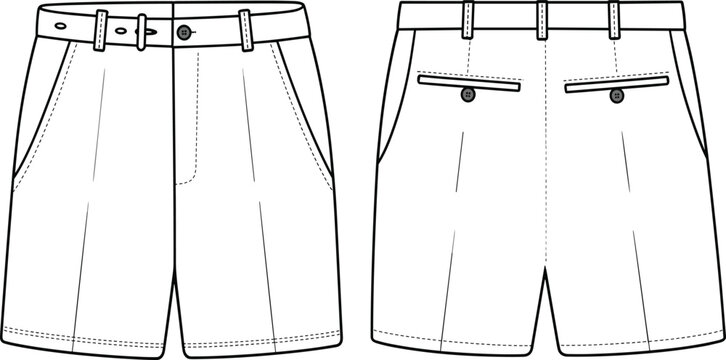 Vector, technical, sketch, of, blank, tailored, shorts, featuring, side, pockets, and, buckled, belt, front, and, back, view, for, apparel, manufacturing