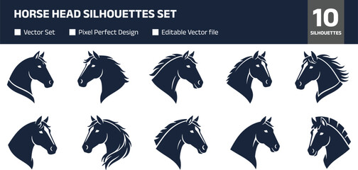 Horse head silhouettes set, equine profile collection, detailed mane styles vector illustration isolated on white background for farm and design © Joy