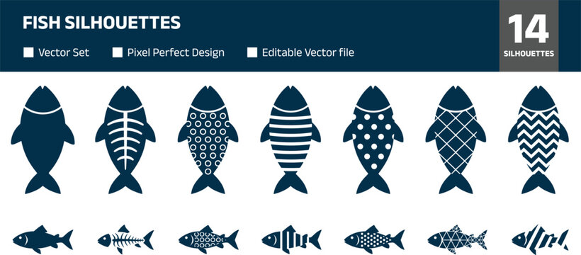 Set of fish silhouettes featuring geometric patterns, polka dots, stripes, and fish bone skeletal designs in flat vector style for seafood branding. (24 words)