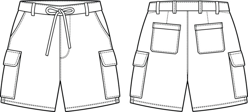 Vector, technical, sketch, of, mens, cargo, shorts, featuring, side, pockets, drawstring, waist, and, back, views, for, fashion, design, and, manufacturing