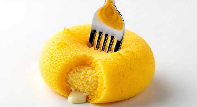 A round soft yellow sponge cake with creamy white filling being pierced by a metal fork on a plain white background, perfect for April Fools&rsquo; Day humor, playful food pranks, and visual trick concepts