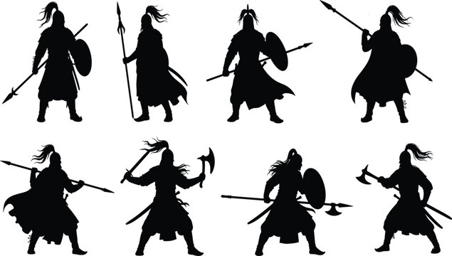 Viking Warrior Silhouette Vector Set, Medieval Knight Standing with Spear and Shield, Nordic Soldier Ancient Battle Axe Graphics, Fantasy Fighter Stencil