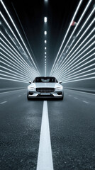 Fototapeta premium Futuristic Electric Car Driving Through Illuminated Tunnel with Dynamic Light Streaks