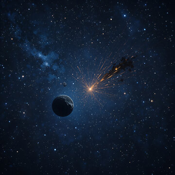 Starry Night Space Backdrop: A tiny asteroid hurtles through the cosmos, eventually colliding with a distant planet.