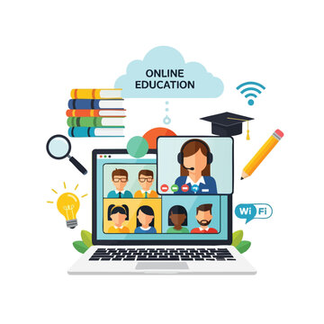 Laptop displays video call with diverse students and instructor, symbolizing online education
