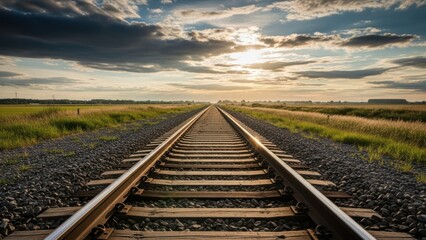 Obraz premium Railroad tracks leading to the horizon at sunset with cloudy sky
