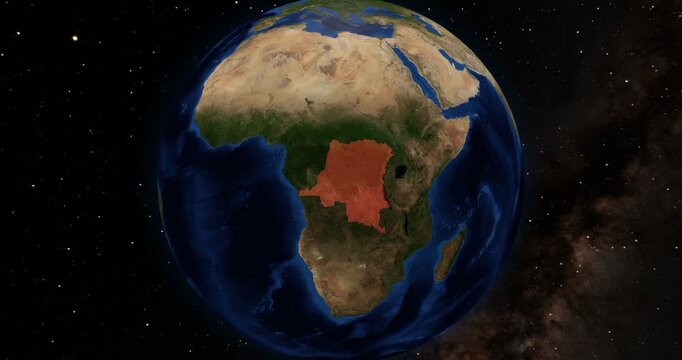 Democratic Republic of the Congo on the Globe. Zoom into the country with the Earth spinning in space. High detail physical world map with Democratic Republic of the Congo on it.