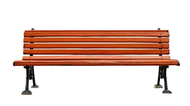 Red wooden park bench with black metal legs on white background