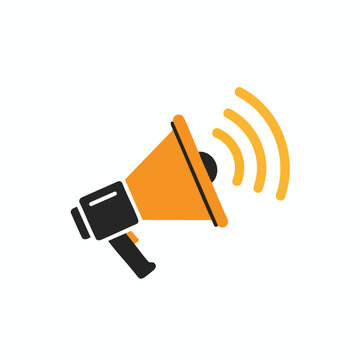 Orange and black megaphone graphic with sound waves emanating