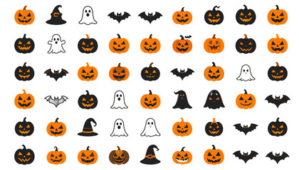 Fototapeta premium A seamless pattern design of fun cartoon Halloween pumpkin and skull icon sets featuring cute vector animal faces like lions, bears, and tigers for a kid-friendly holiday wallpaper illustration