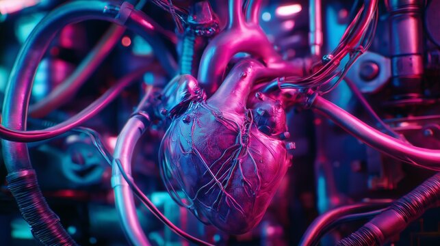 Mechanical heart pumping energy, wires and tubes connected, cyberpunk aesthetic 