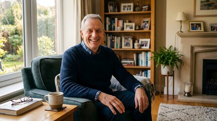 Obraz premium Smiling Mature Man Relaxing at Home with Coffee and Books.