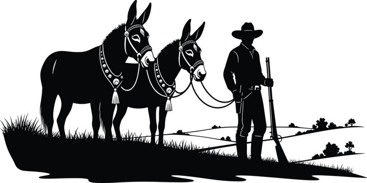 Western cowboy silhouette standing with two pack mules on a grassy hill holding a rifle gun, vector illustration isolated on white background, american wild west rancher graphic for hunting design
