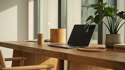 Fototapeta premium Modern wooden desk workspace with laptop and plant minimal home office interior design