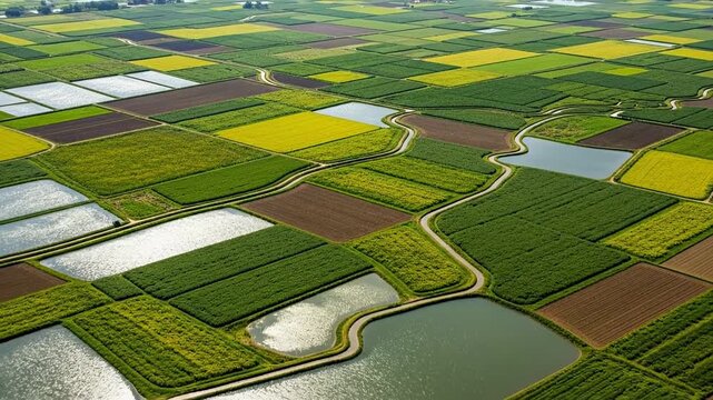 Aerial view of patchwork farmland landscape.