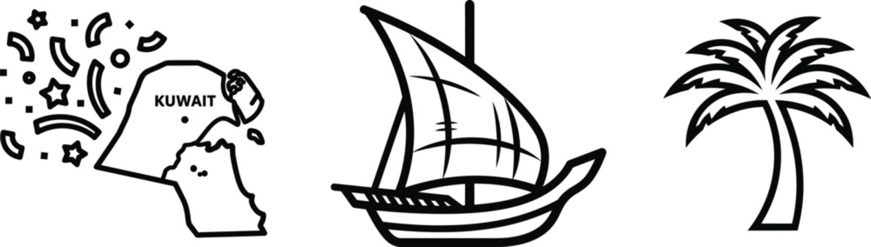 Kuwait map outline with celebratory confetti, traditional dhow boat and palm tree