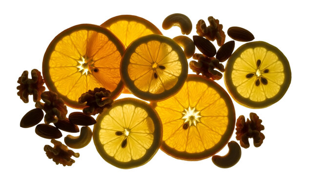 Vibrant Citrus Slices And Mixed Nuts Illuminated Against A Dark Background Still Life