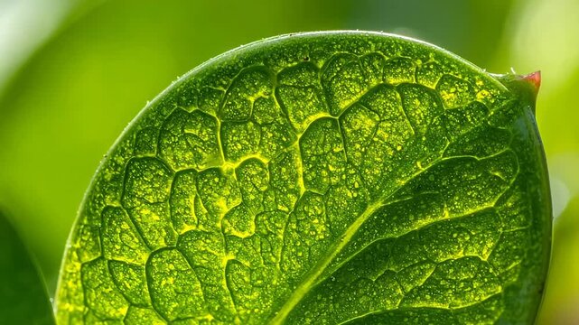 Macro shot of a vibrant green leaf, veins and texture visible, backlit by sun