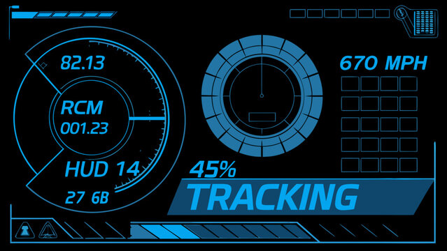 Futuristic heads up display showing speed tracking and system diagnostics