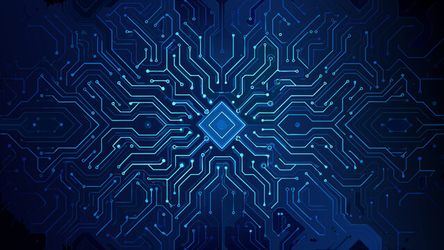 Abstract blue circuit board pattern with a central glowing diamond shape