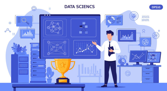 Data Scientist Presenting Complex Information on Large Screen.