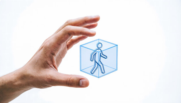 A hand presenting a 3D object recognition box highlighting a pedestrian icon for AI safety.