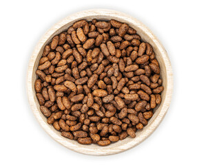 Fototapeta premium Bowl of chocolate cereal in top view isolated on white background, concept of breakfast, food and nutrition.