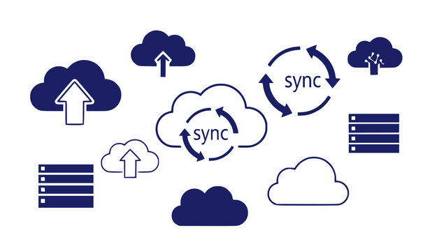 A vector graphic illustration of cloud syncing and data transfer between servers and clouds
