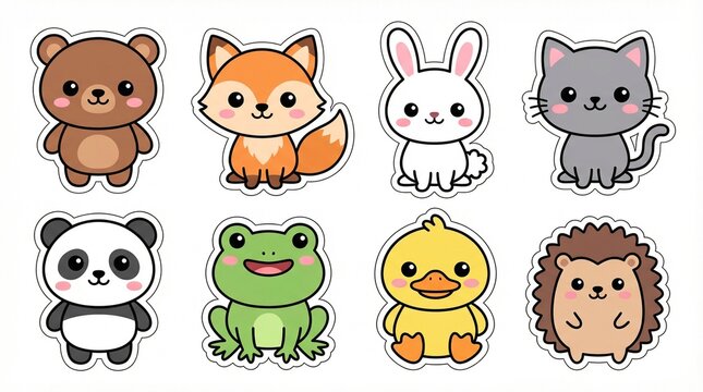 adorable cartoon animals stickers set including bear, fox, rabbit, cat, panda, frog, duck, hedgehog