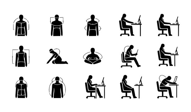 A collection of black silhouette vector icons depicting people in various sitting and working postures at desks and on the floor with laptops and computers in a minimalist flat design style