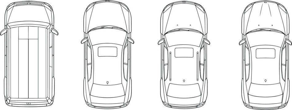 car top view outline set, vehicle blueprint collection, sedan designs, transport icons, detailed automotive line drawing vector illustration pack