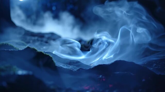 Smoke swirling in dark blue landscape.