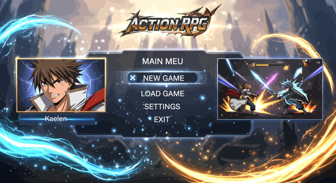 Action RPG Game Main Menu Screen with Character Portraits.