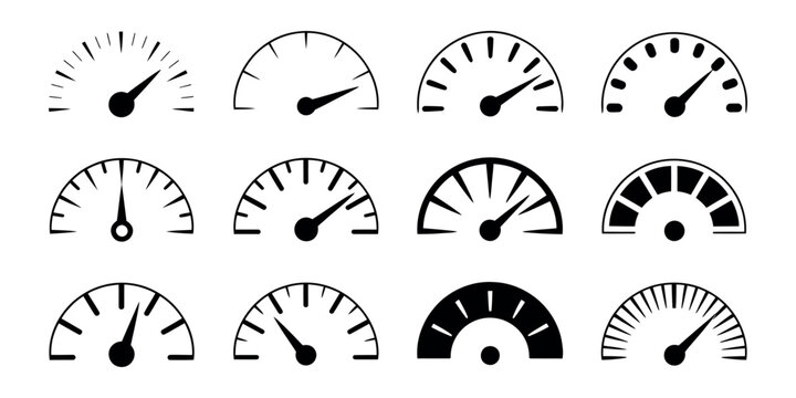 Abstract speedometer icons with various scale designs for measuring speed performance and racing applications vector illustration