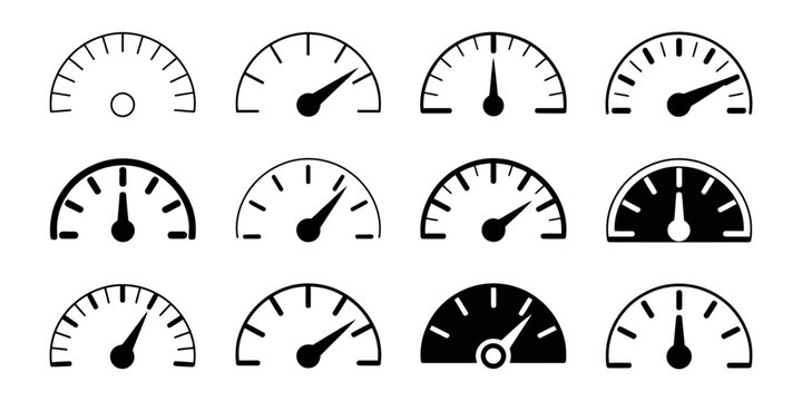 Abstract speedometer icons with various scale designs for measuring speed performance and racing applications vector illustration
