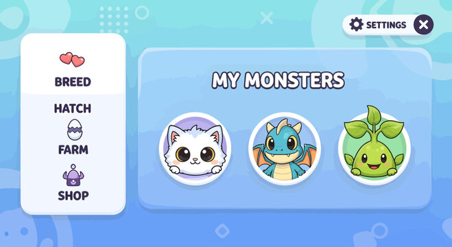Cute cartoon monsters displayed on a game screen.