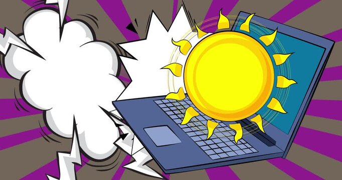 Cartoon Laptop, comic book Notebook with Sun. Retro cartoon comics pop art animation.