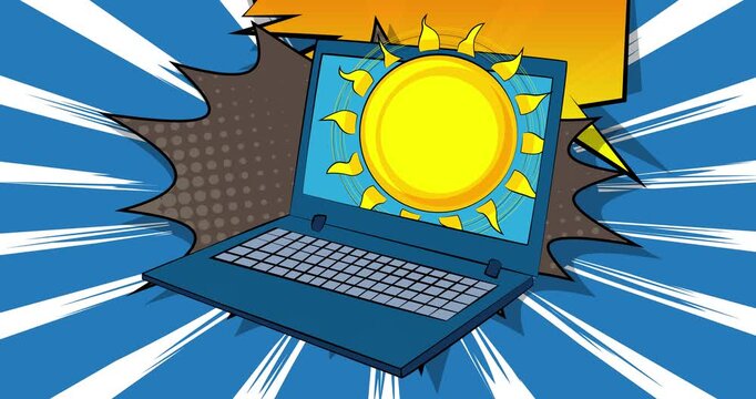 Cartoon Laptop, comic book Notebook with Sun. Retro cartoon comics pop art animation.