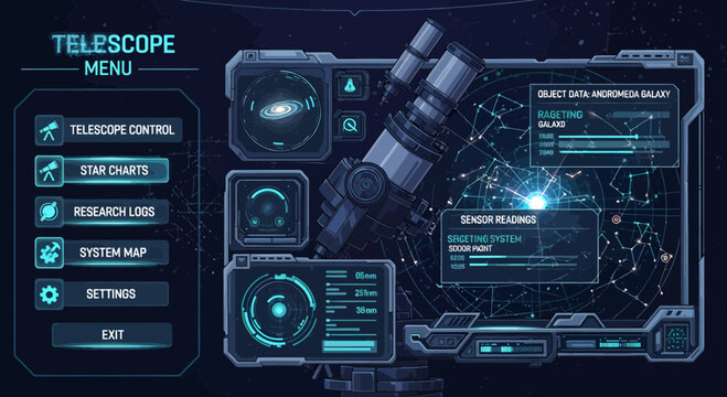 Futuristic Telescope Control Panel Interface with Star Charts.