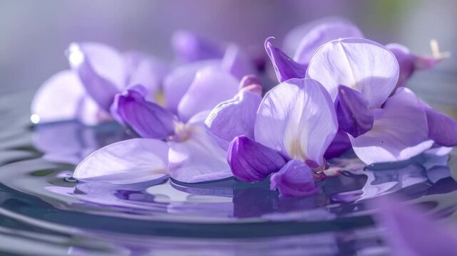 Lavender flowers float on water, with petals and reflections