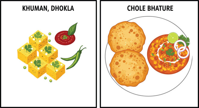 Indian traditional snacks khaman dhokla and chole bhature with chutney and spices vector illustration isolated on white background