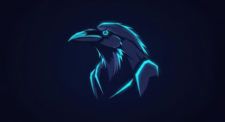 Naklejka premium Glowing Blue Raven Silhouette on Dark Background.