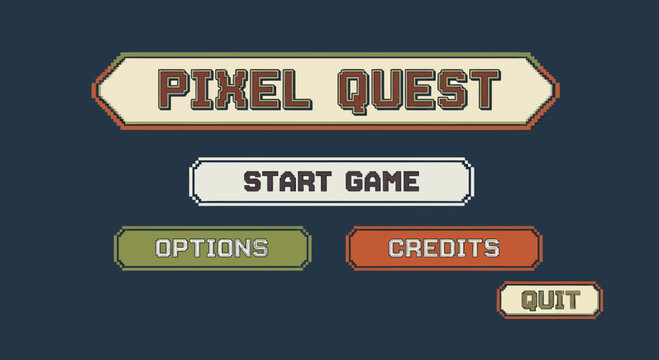 Pixel Quest Retro Video Game Menu Interface.