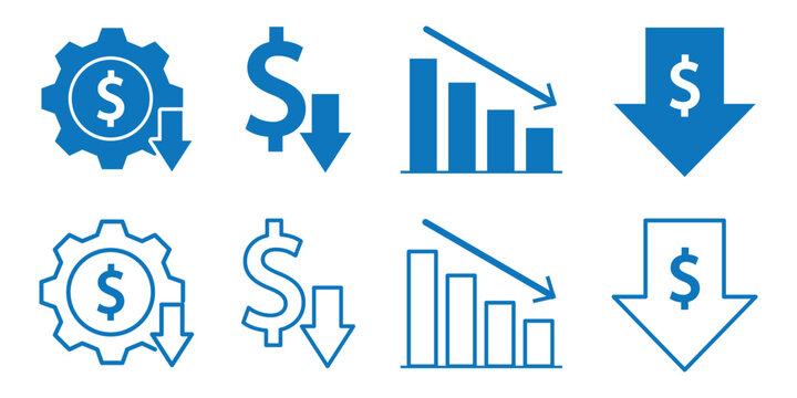 Cost reduction vector icon concepts. cost savings icon, dollar decrease sign. Percent down icon, High and Low Percent arrow icon in black. Financial Decline, Discount, and Cost Reduction Symbols.