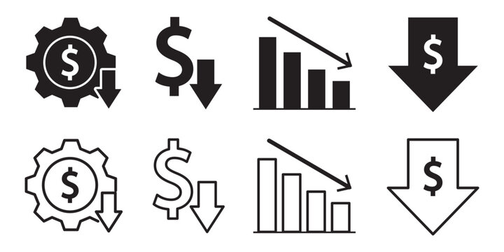 Cost reduction vector icon concepts. cost savings icon, dollar decrease sign. Percent down icon, High and Low Percent arrow icon in black. Financial Decline, Discount, and Cost Reduction Symbols.
