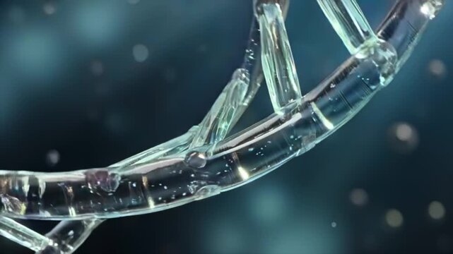 DNA helix close-up with transparent molecular structure and floating particles, scientific visualization of genetic material, macro view, modern biotech style, research and molecular science concept