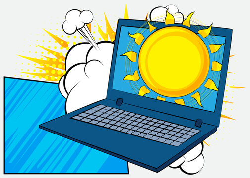 Cartoon Laptop, comic book Notebook with Sun. Retro vector comics pop art design.
